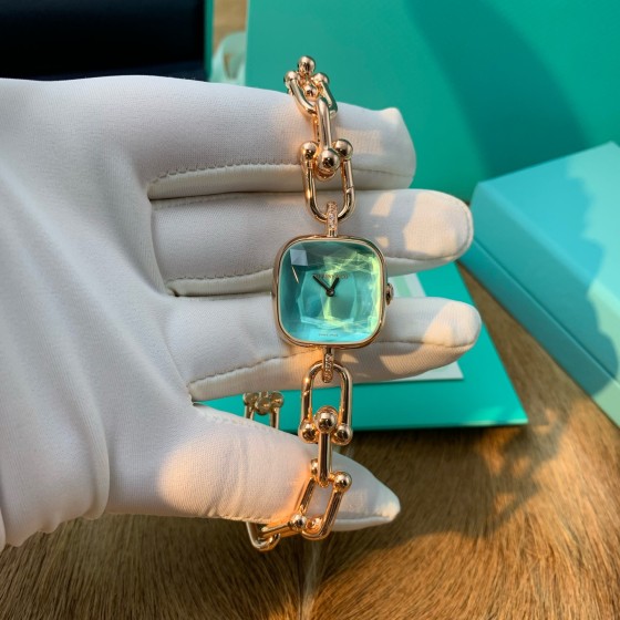 Tiffany Rose Gold Chain Watch with Diamond Accents and Blue Dial